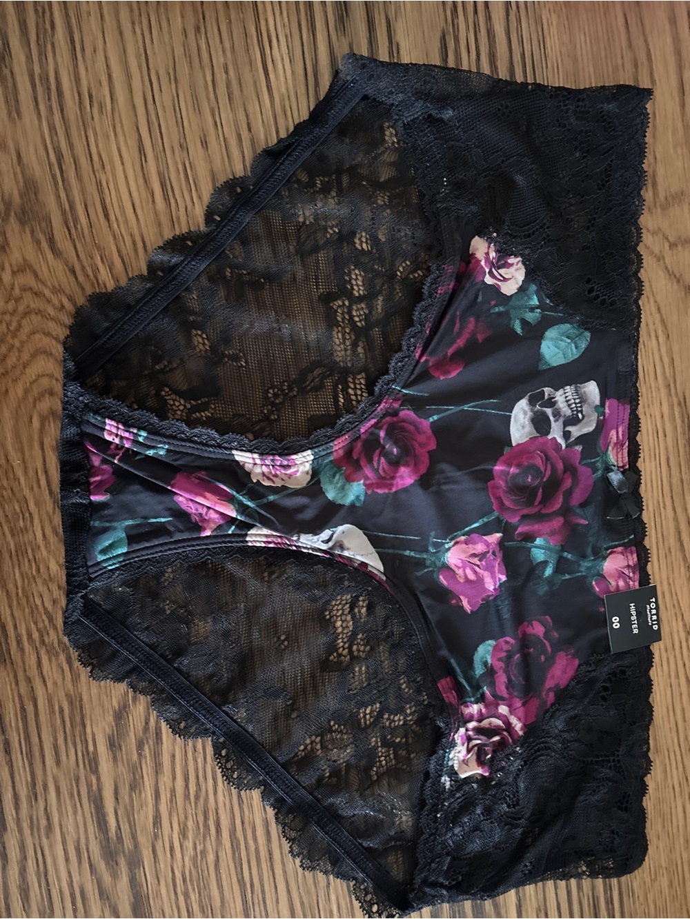 Torrid Black Skull Hipster Panty with Purple and Magenta Roses & Teal Leaves